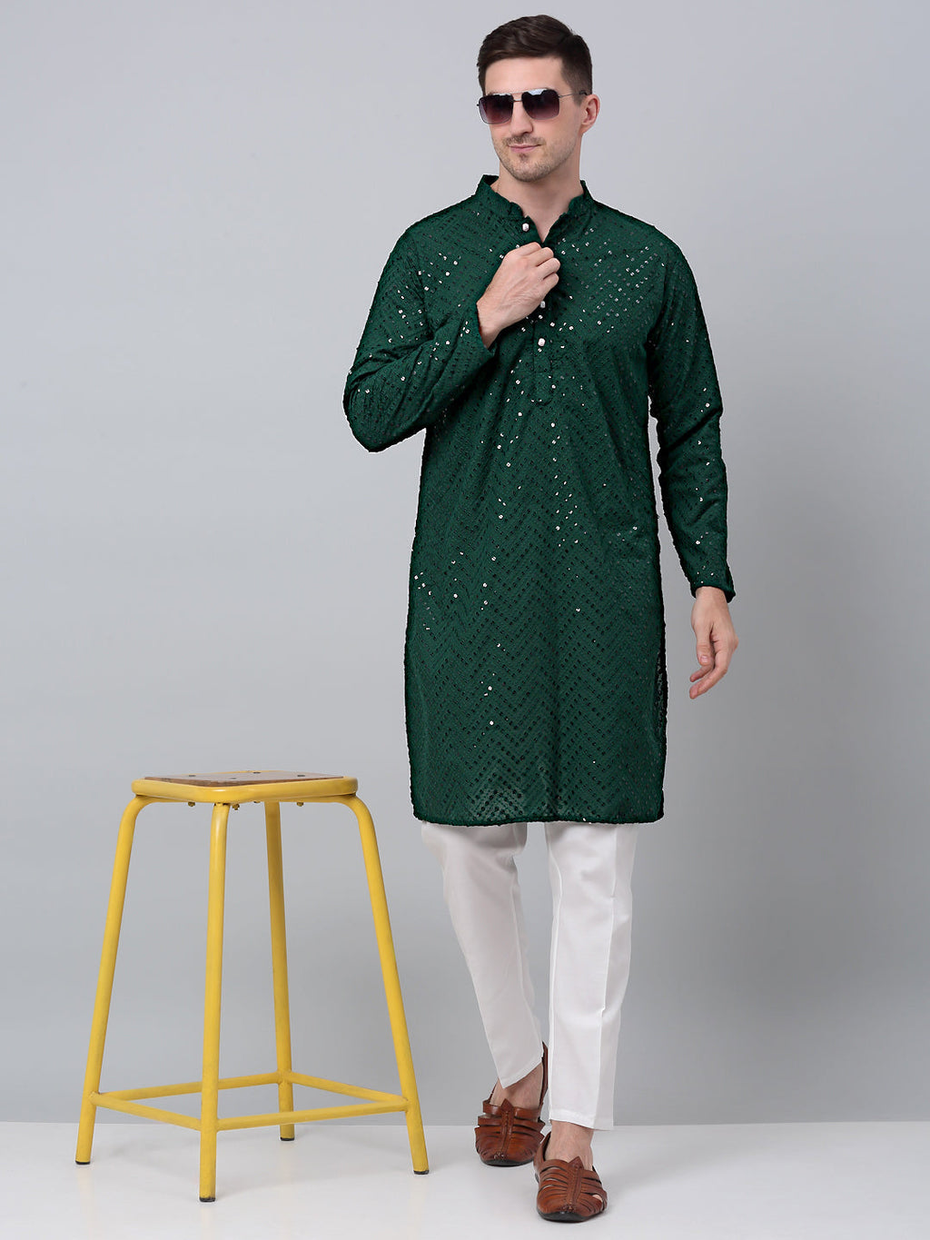 Jompers Men's Olive Green Embroidered Sequinned Kurta with Churidar