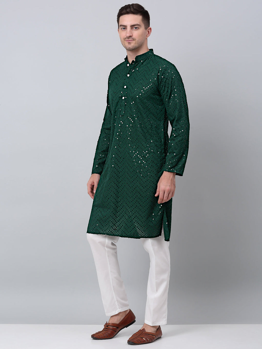 Jompers Men's Olive Green Embroidered Sequinned Kurta with Churidar
