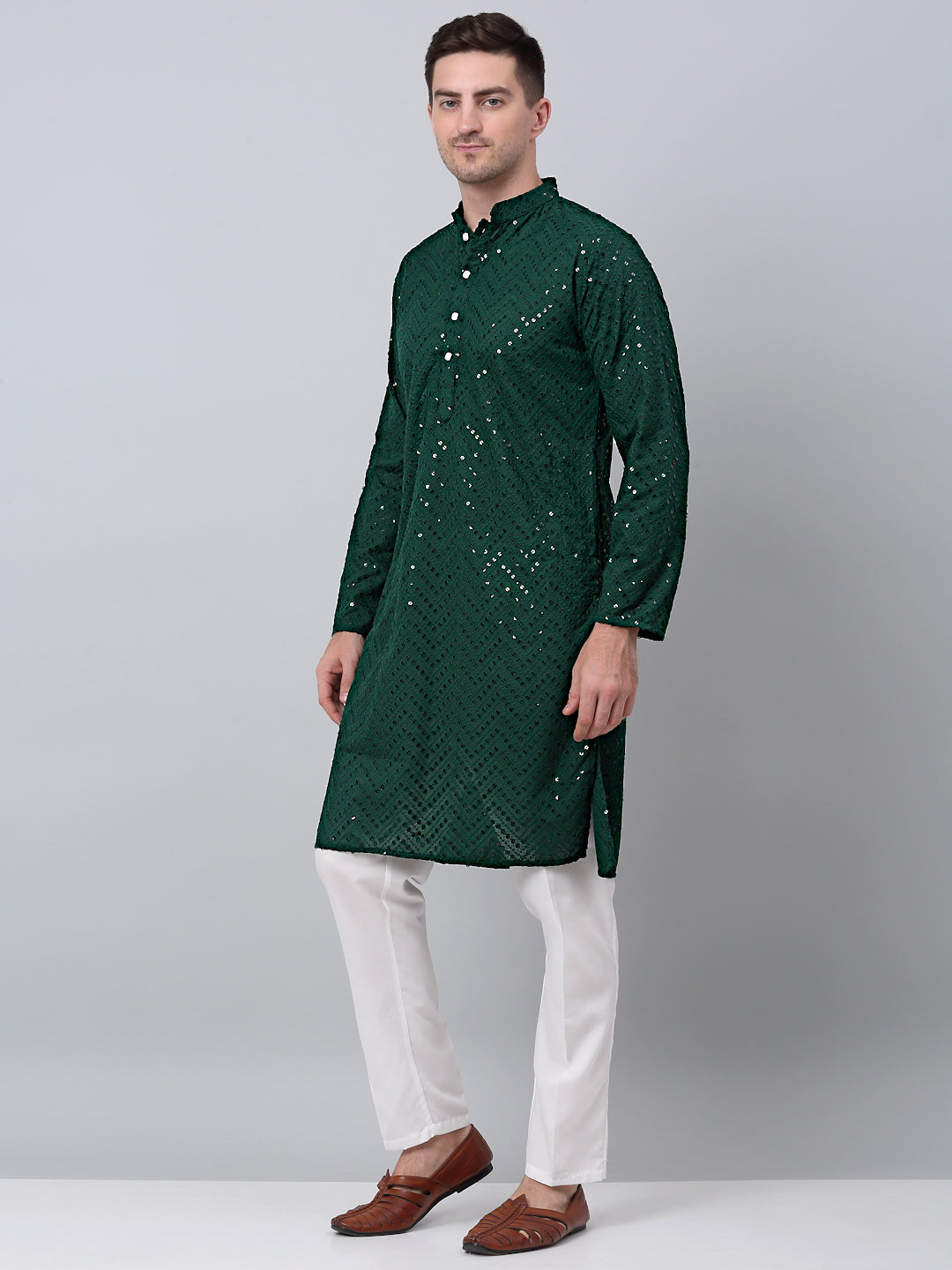 Jompers Men's Olive Green Embroidered Sequinned Kurta with Churidar