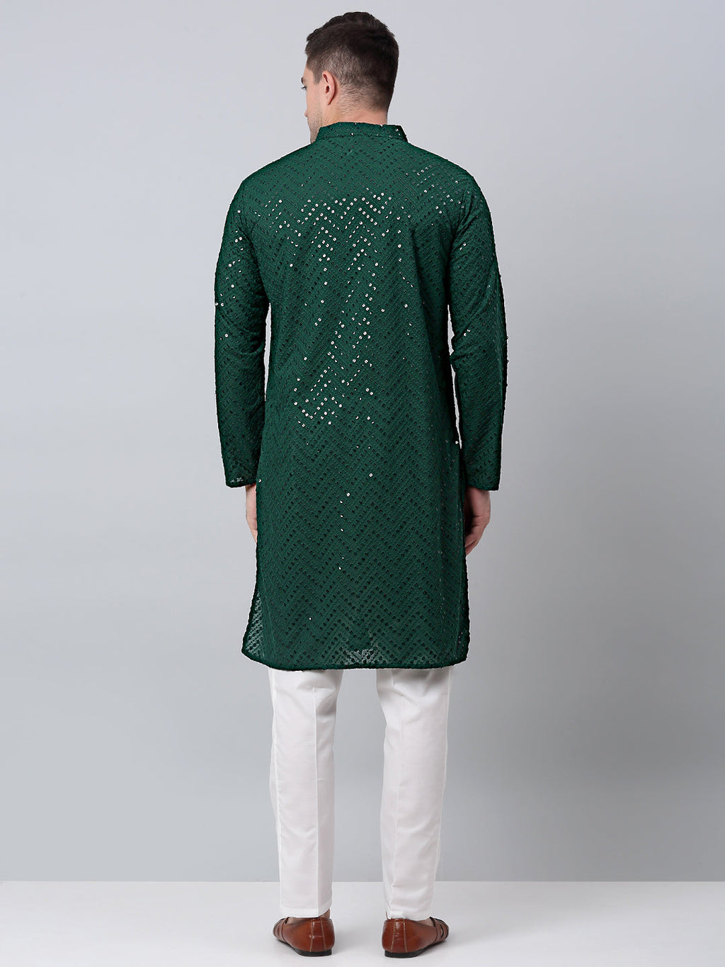 Jompers Men's Olive Green Embroidered Sequinned Kurta with Churidar