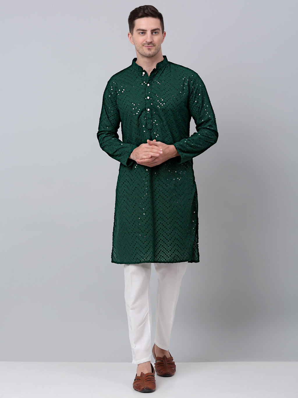 Jompers Men's Olive Green Embroidered Sequinned Kurta with Churidar