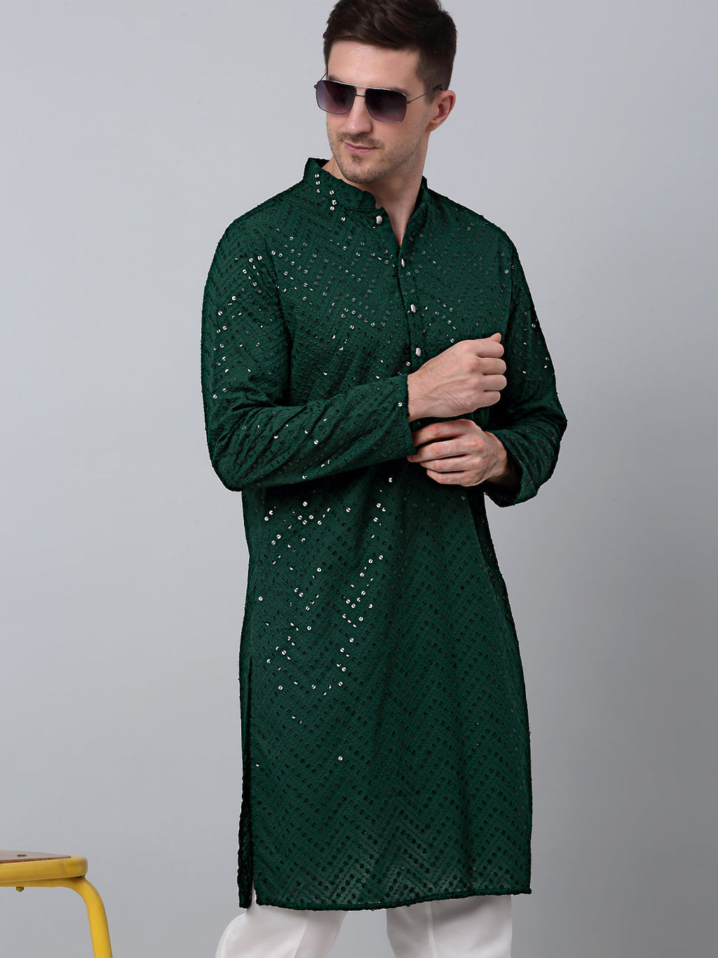 Jompers Men's Olive Green Embroidered Sequinned Kurta with Churidar