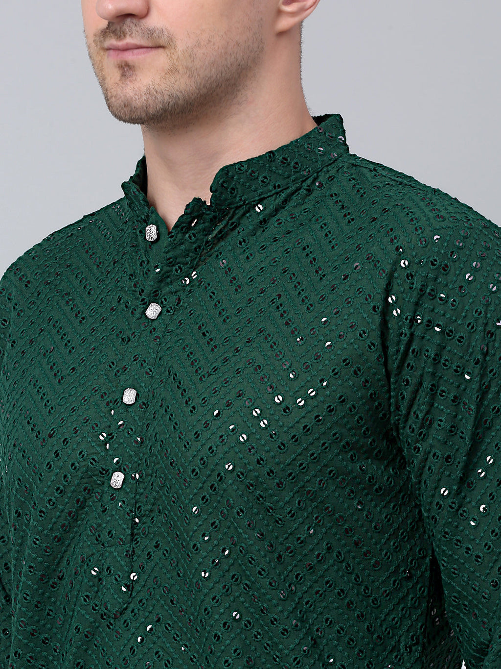 Jompers Men's Olive Green Embroidered Sequinned Kurta with Churidar