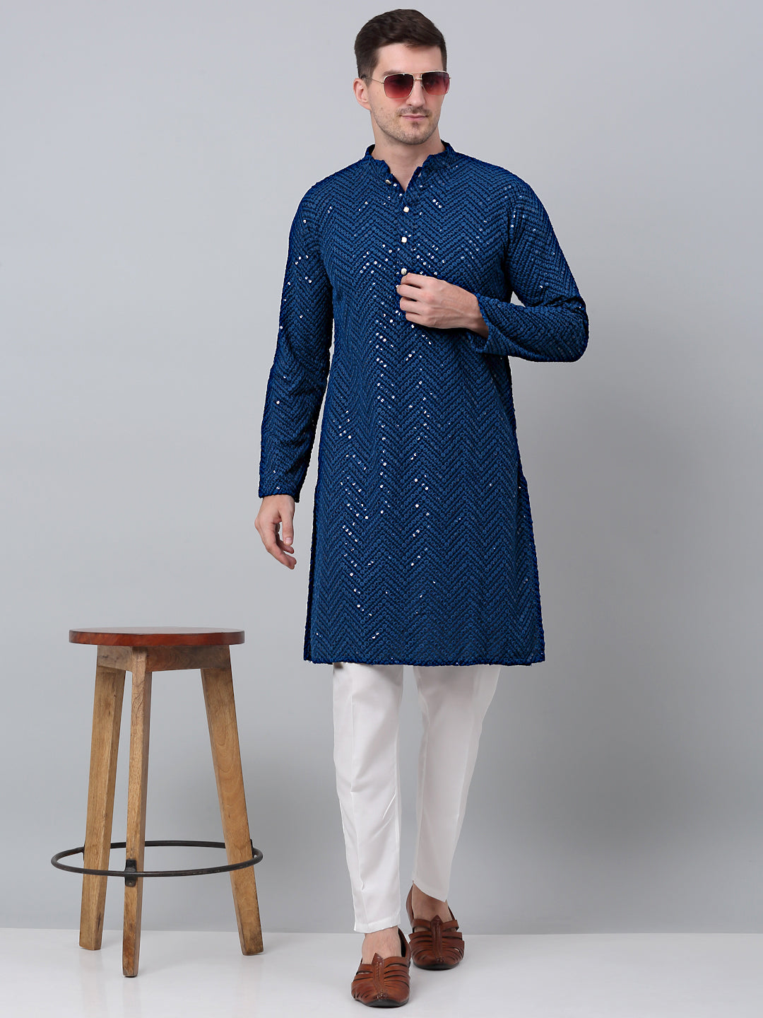 Jompers Men's Peacock Blue Embroidered Sequinned Kurta with Churidar