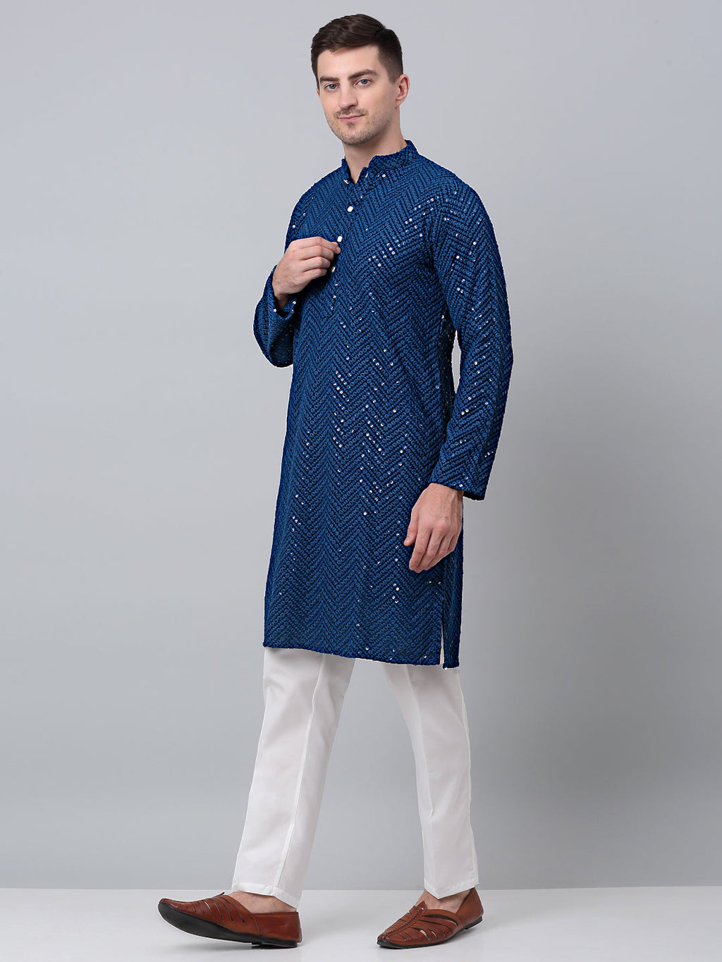 Jompers Men's Peacock Blue Embroidered Sequinned Kurta with Churidar