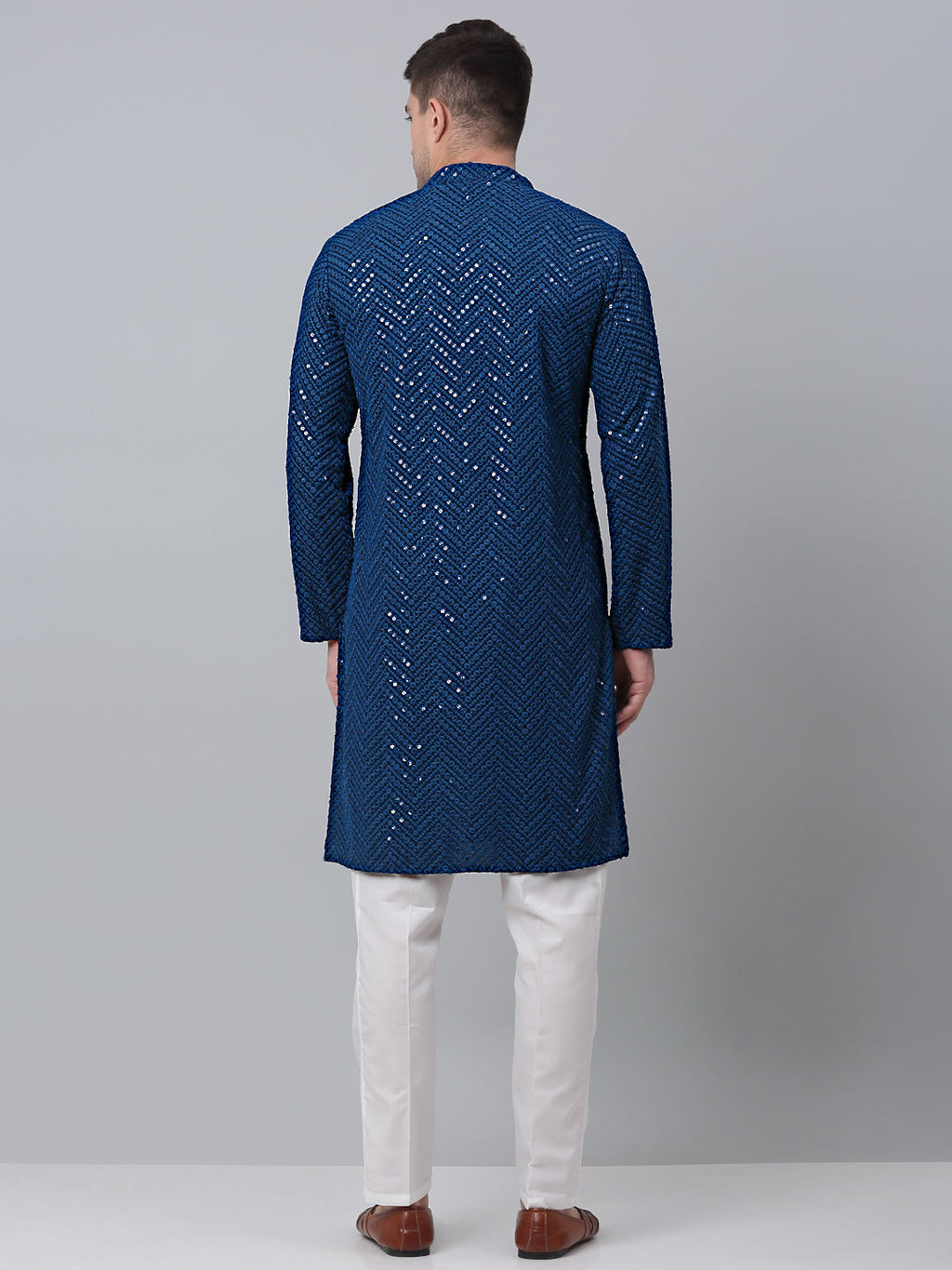 Jompers Men's Peacock Blue Embroidered Sequinned Kurta with Churidar