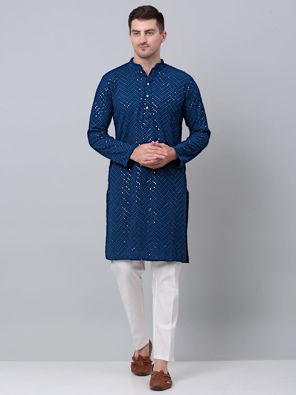 Jompers Men's Peacock Blue Embroidered Sequinned Kurta with Churidar