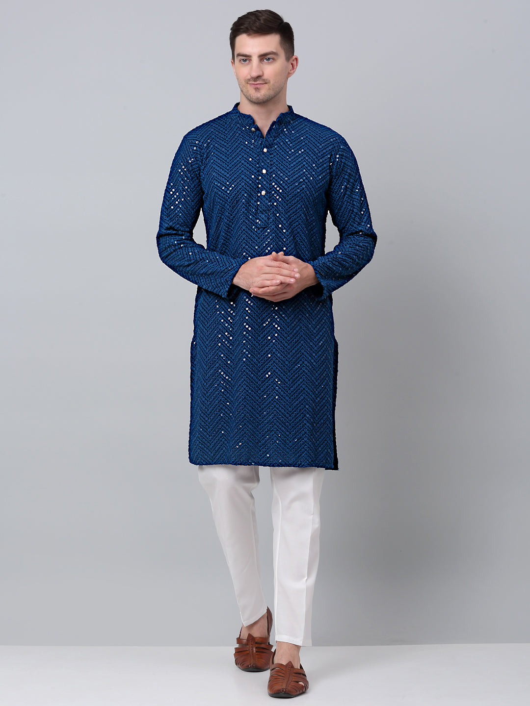 Jompers Men's Peacock Blue Embroidered Sequinned Kurta with Churidar