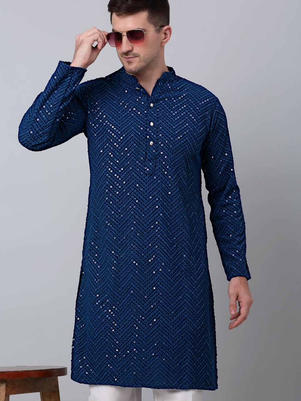 Jompers Men's Peacock Blue Embroidered Sequinned Kurta with Churidar