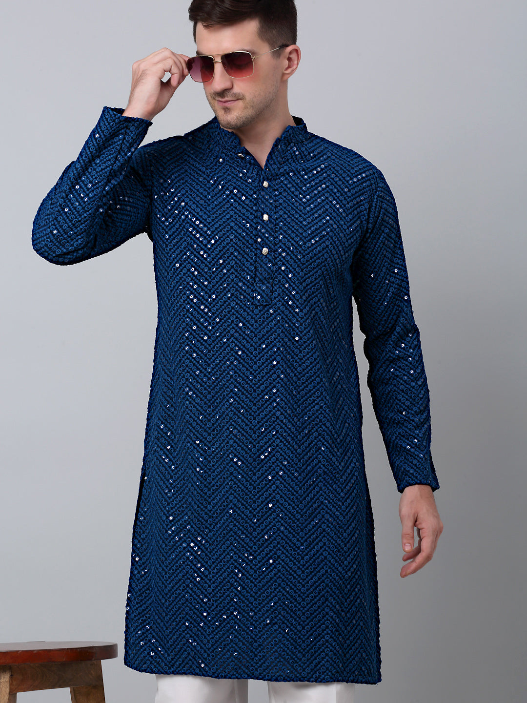 Jompers Men's Peacock Blue Embroidered Sequinned Kurta with Churidar
