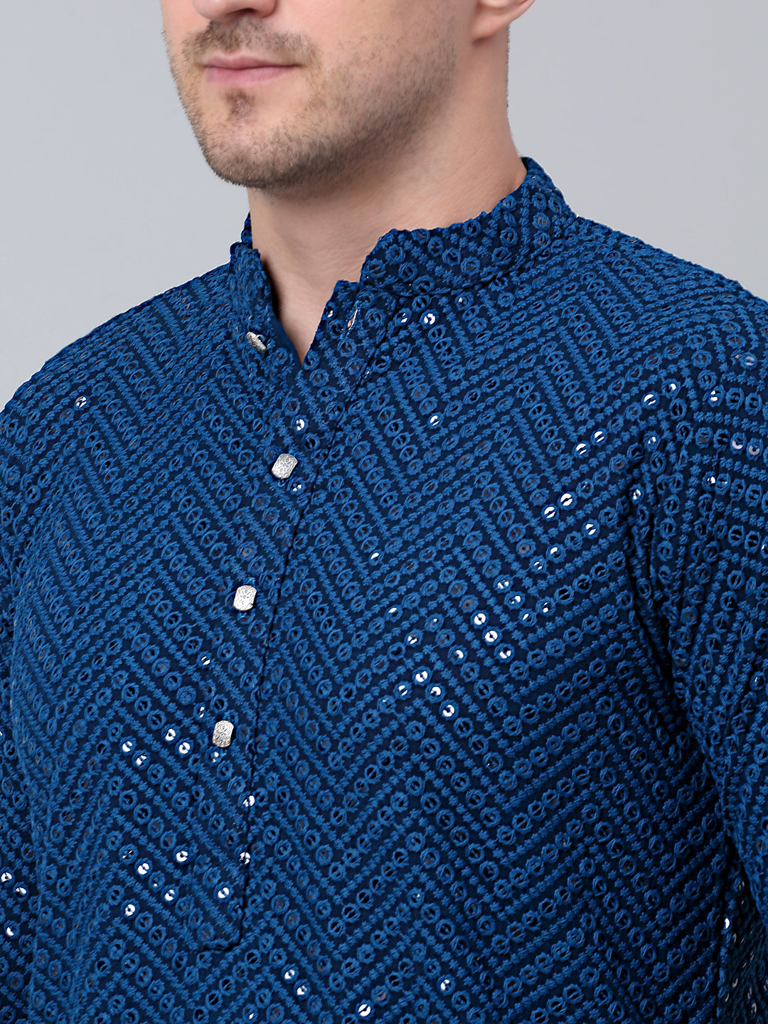 Jompers Men's Peacock Blue Embroidered Sequinned Kurta with Churidar