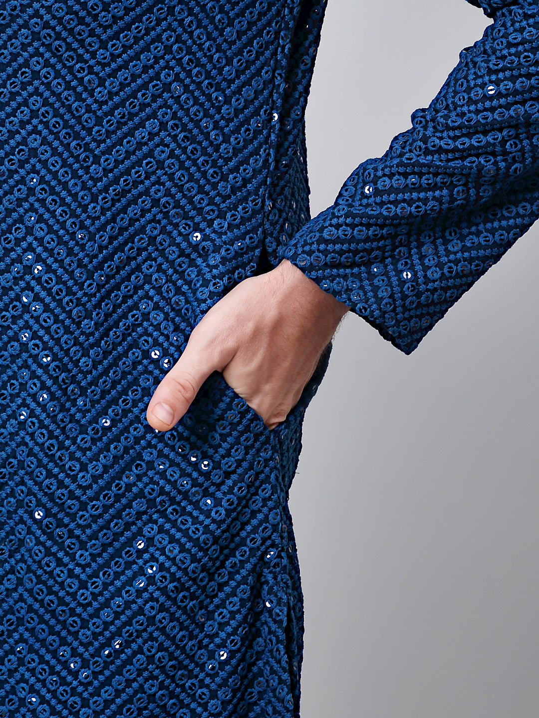 Jompers Men's Peacock Blue Embroidered Sequinned Kurta with Churidar