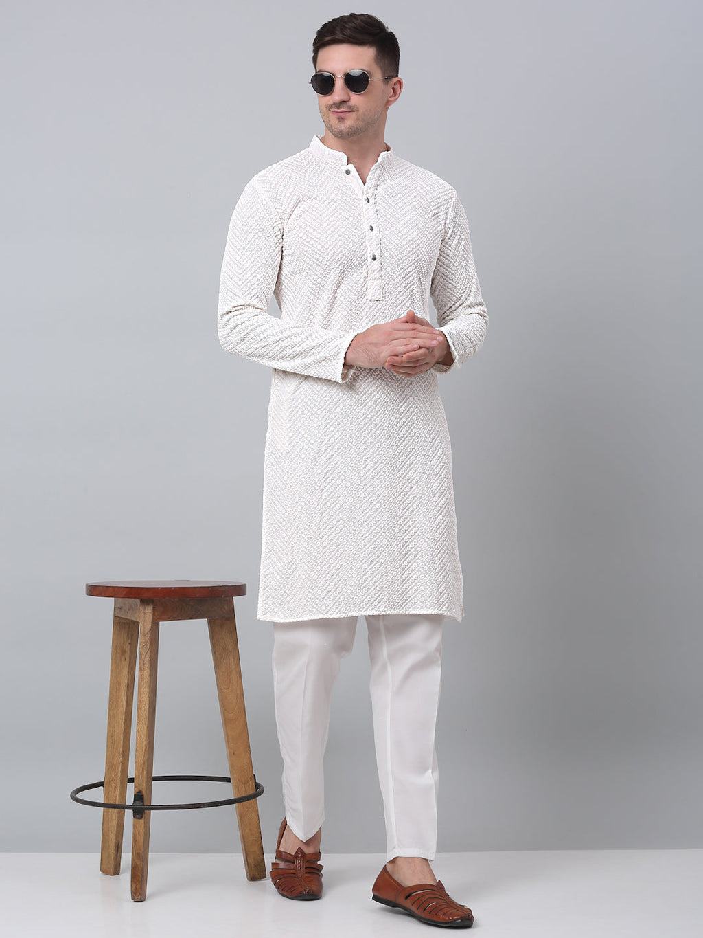 Jompers Men's White Embroidered Sequinned Kurta with Churidar
