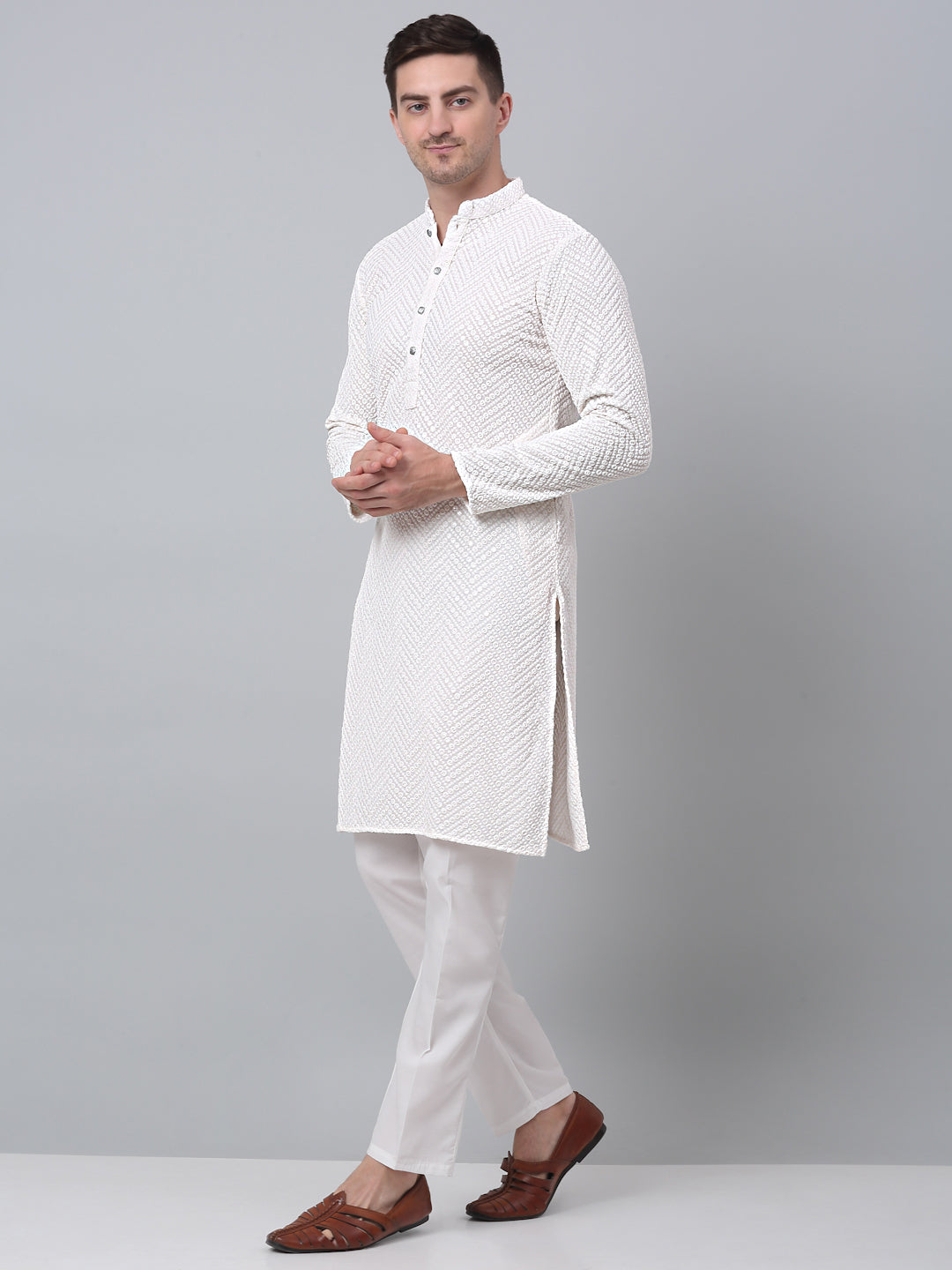 Jompers Men's White Embroidered Sequinned Kurta with Churidar