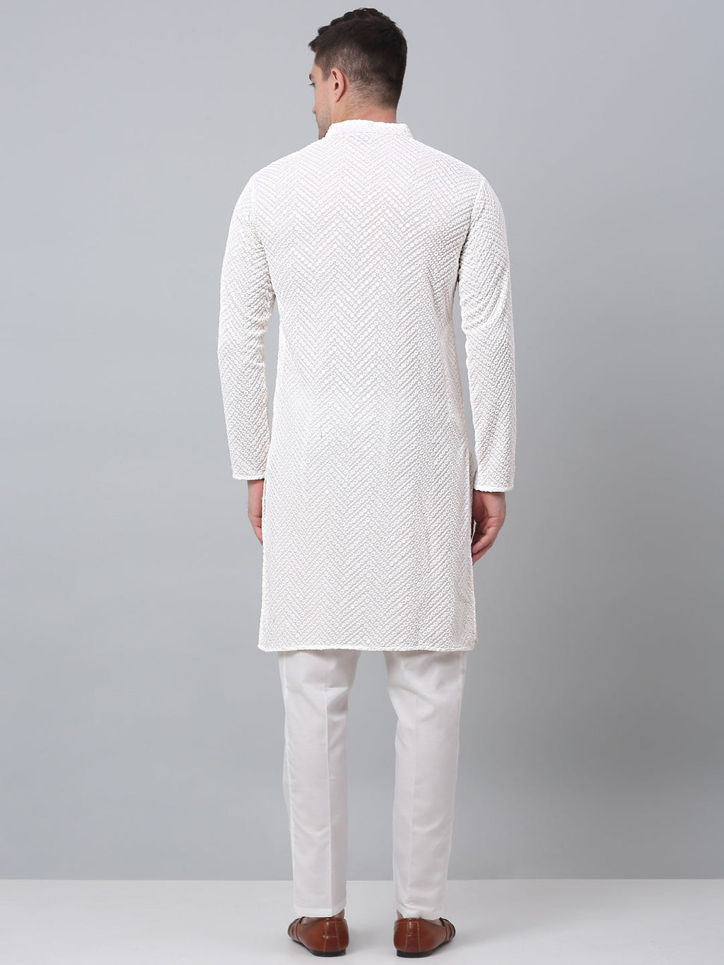 Jompers Men's White Embroidered Sequinned Kurta with Churidar