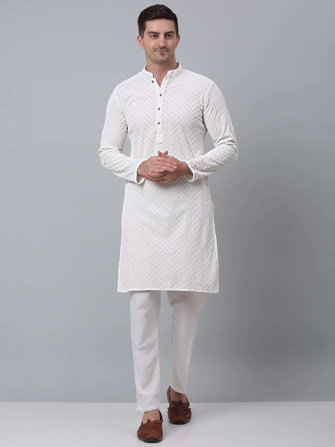 Jompers Men's White Embroidered Sequinned Kurta with Churidar