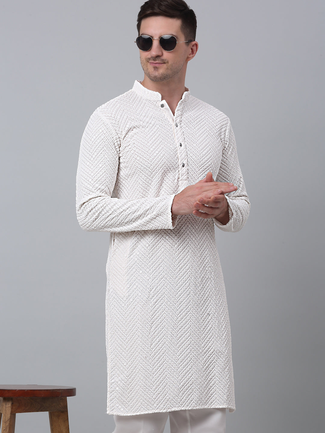 Jompers Men's White Embroidered Sequinned Kurta with Churidar