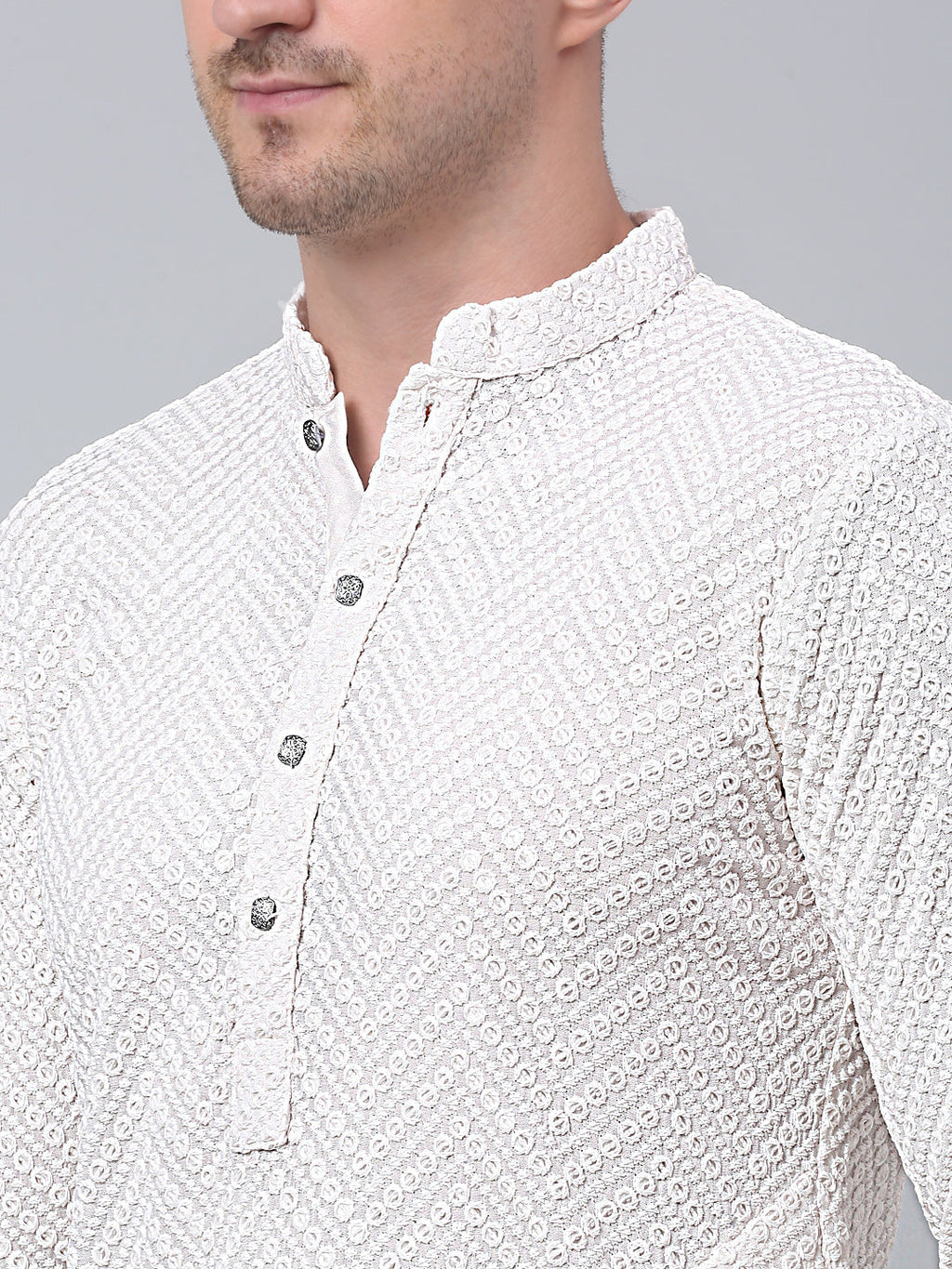 Jompers Men's White Embroidered Sequinned Kurta with Churidar