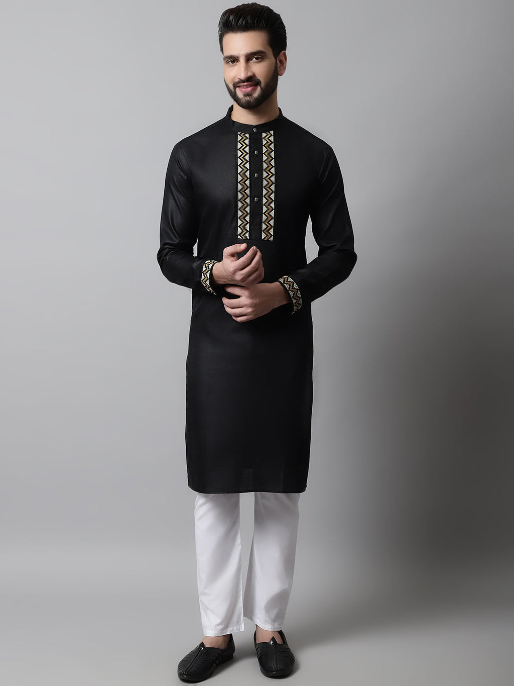Jompers Men's Black Embroidered Kurta with Churidar