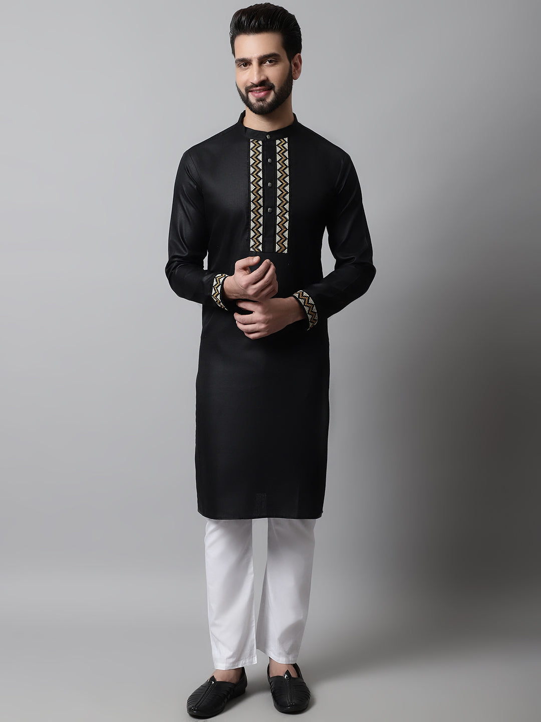 Jompers Men's Black Embroidered Kurta with Churidar
