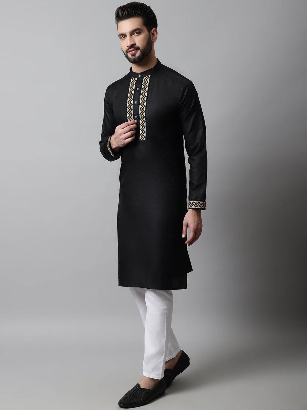 Jompers Men's Black Embroidered Kurta with Churidar