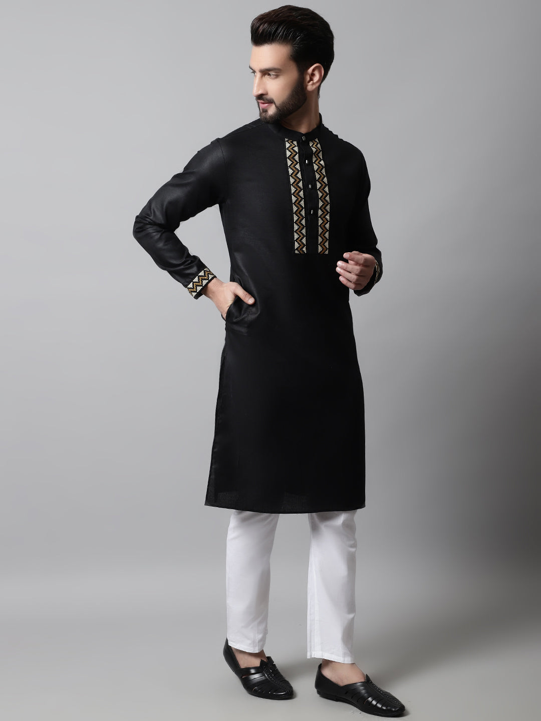 Jompers Men's Black Embroidered Kurta with Churidar