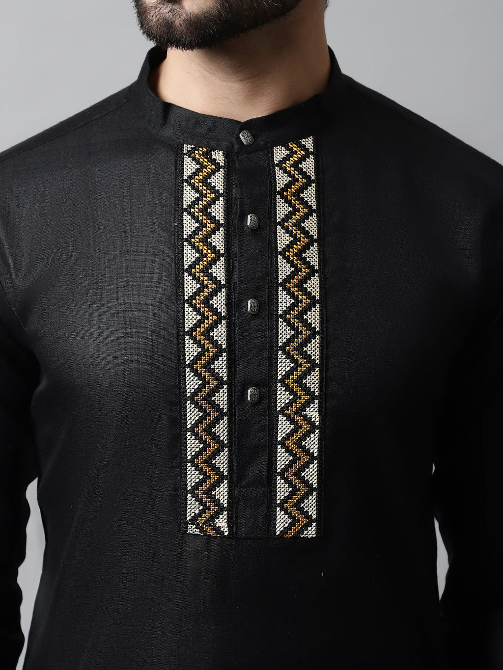 Jompers Men's Black Embroidered Kurta with Churidar
