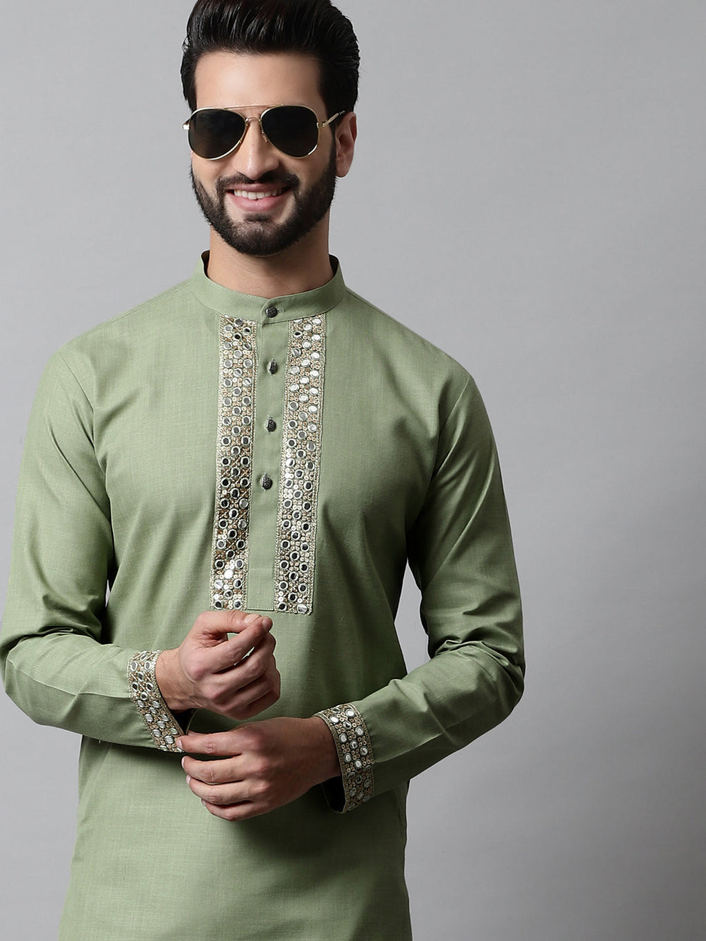 Jompers Men's Pista Green Embroidered Mirror Work Kurta with Churidar