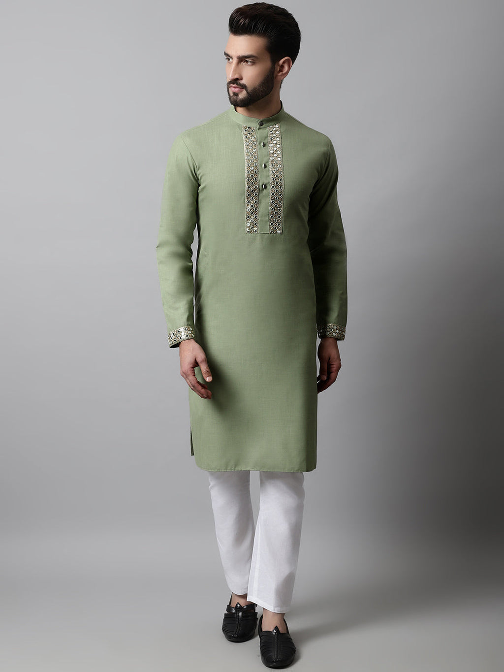 Jompers Men's Pista Green Embroidered Mirror Work Kurta with Churidar