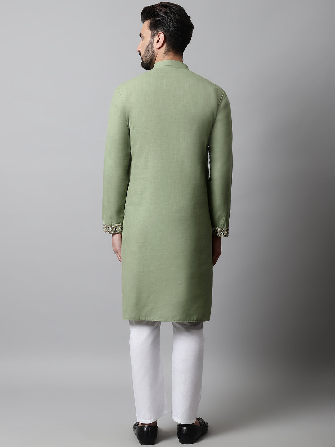 Jompers Men's Pista Green Embroidered Mirror Work Kurta with Churidar