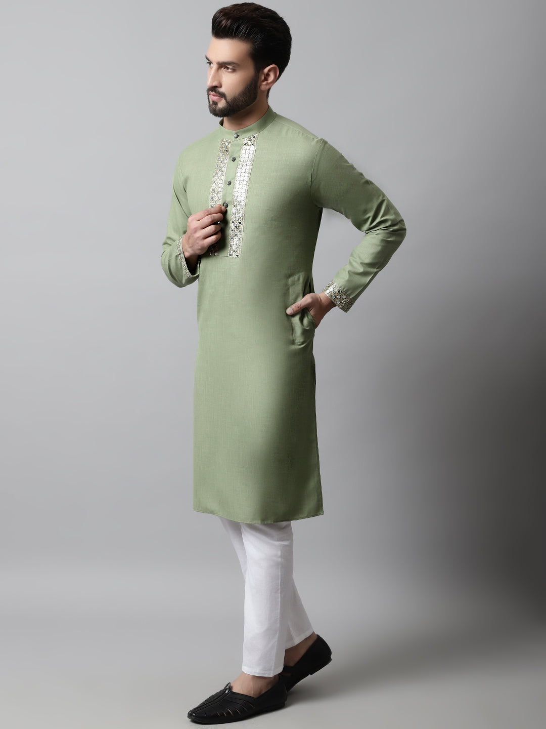 Jompers Men's Pista Green Embroidered Mirror Work Kurta with Churidar