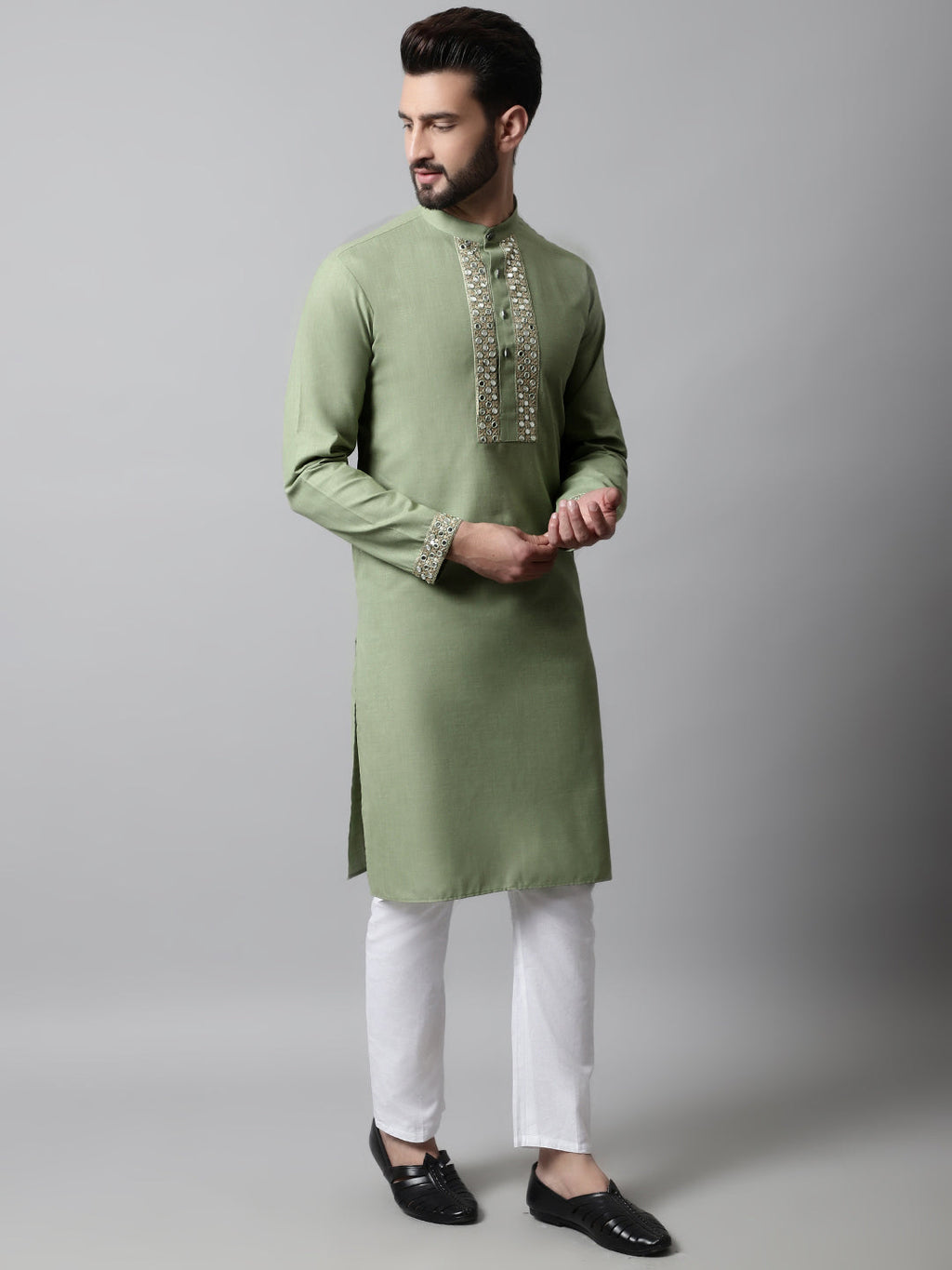 Jompers Men's Pista Green Embroidered Mirror Work Kurta with Churidar