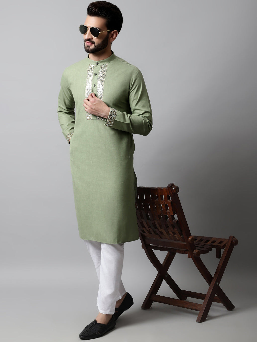 Jompers Men's Pista Green Embroidered Mirror Work Kurta with Churidar