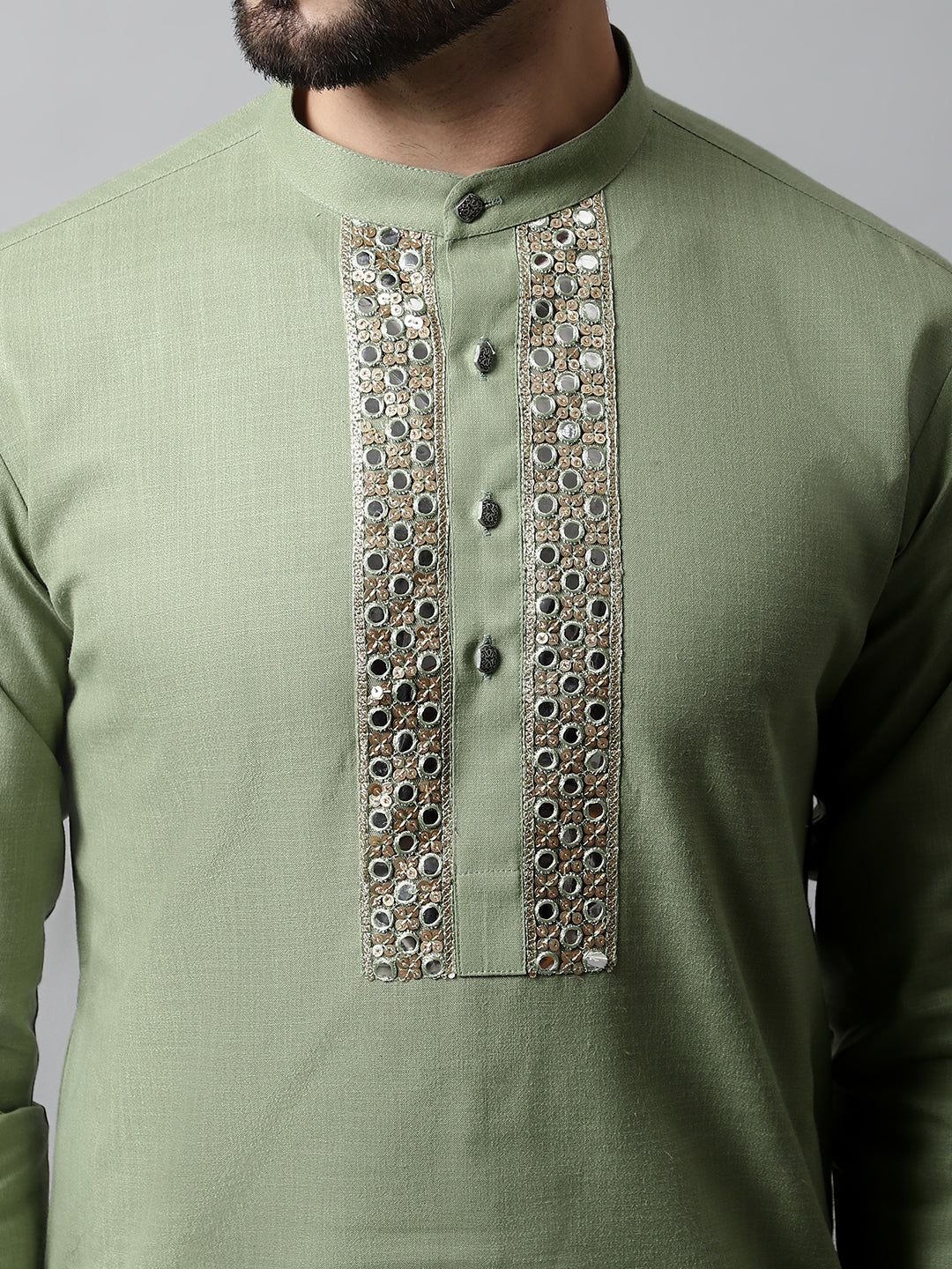 Jompers Men's Pista Green Embroidered Mirror Work Kurta with Churidar