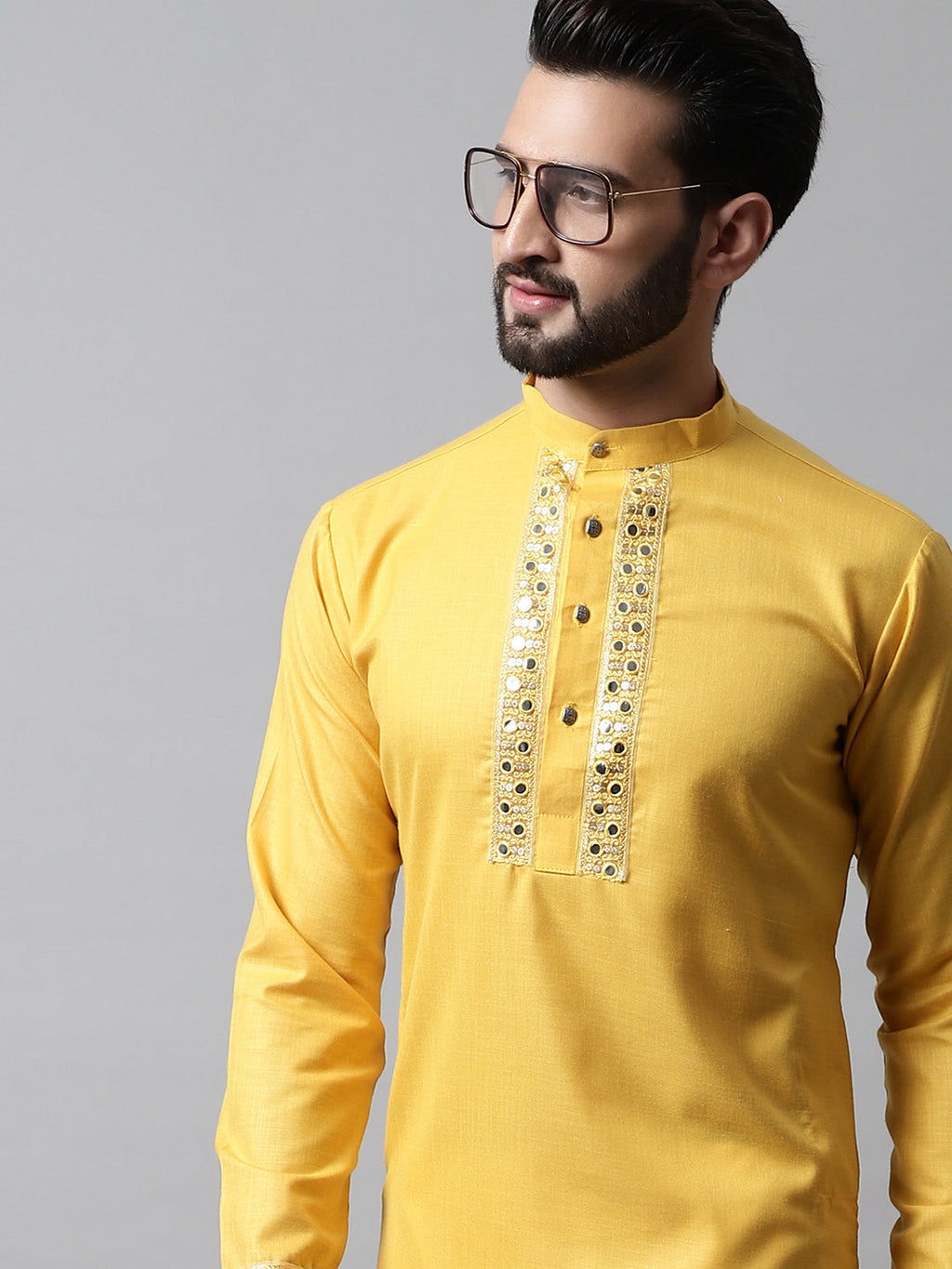 Jompers Men's Yellow Embroidered Mirror Work Kurta with Churidar