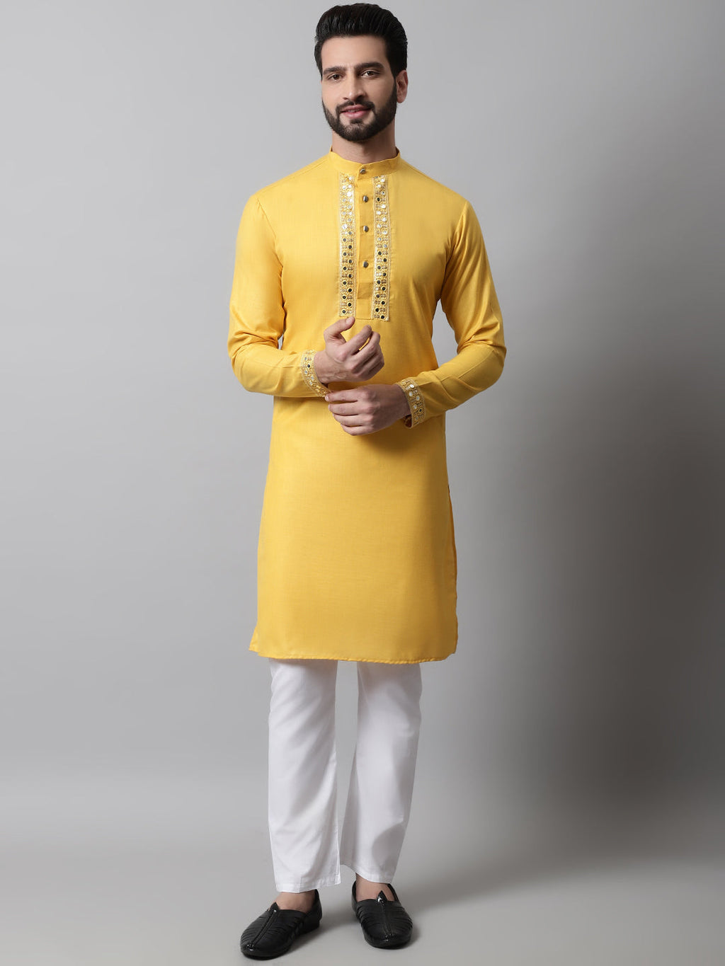 Jompers Men's Yellow Embroidered Mirror Work Kurta with Churidar