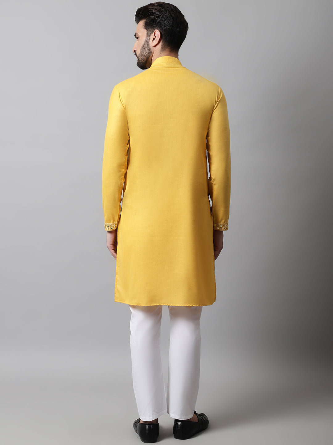 Jompers Men's Yellow Embroidered Mirror Work Kurta with Churidar