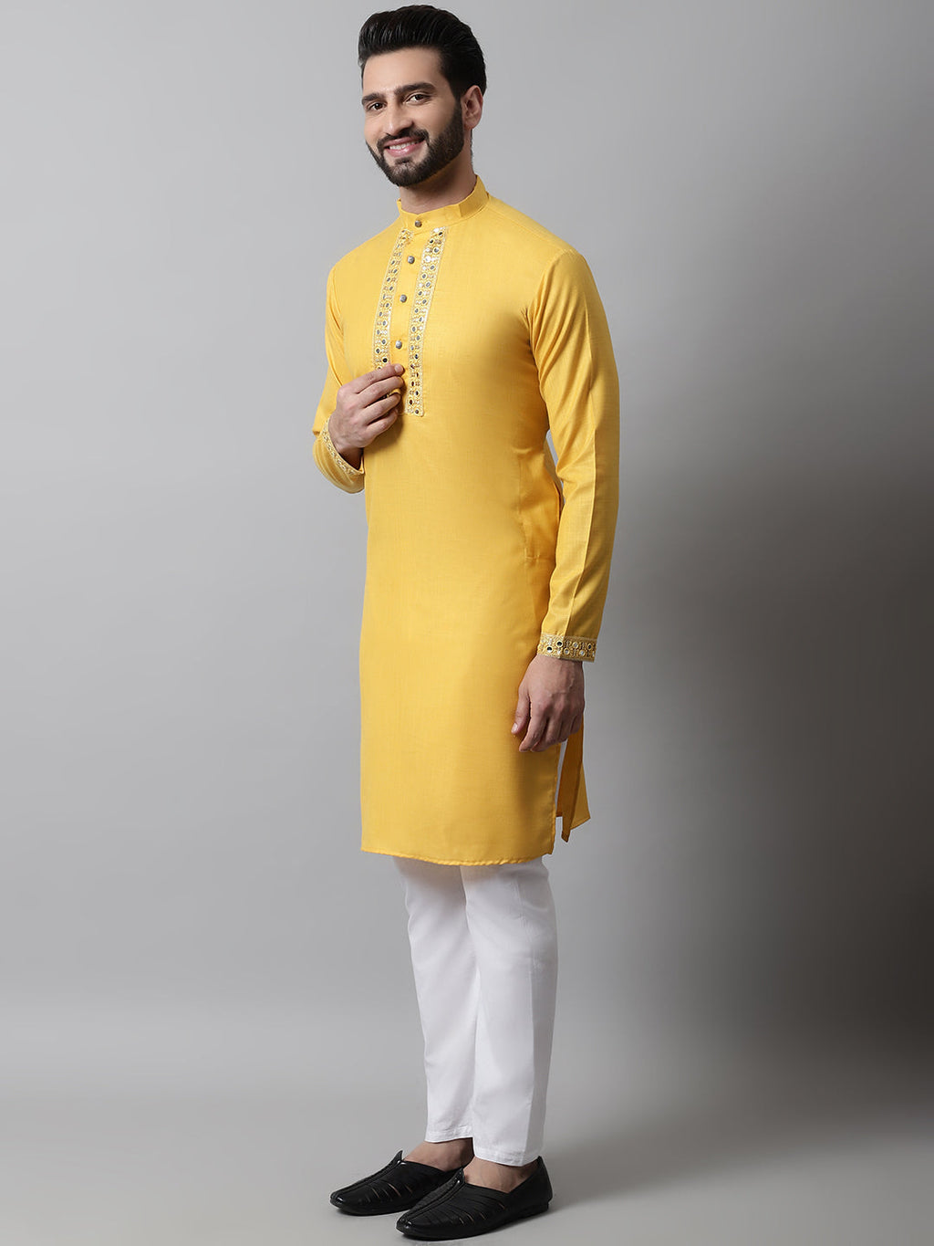 Jompers Men's Yellow Embroidered Mirror Work Kurta with Churidar