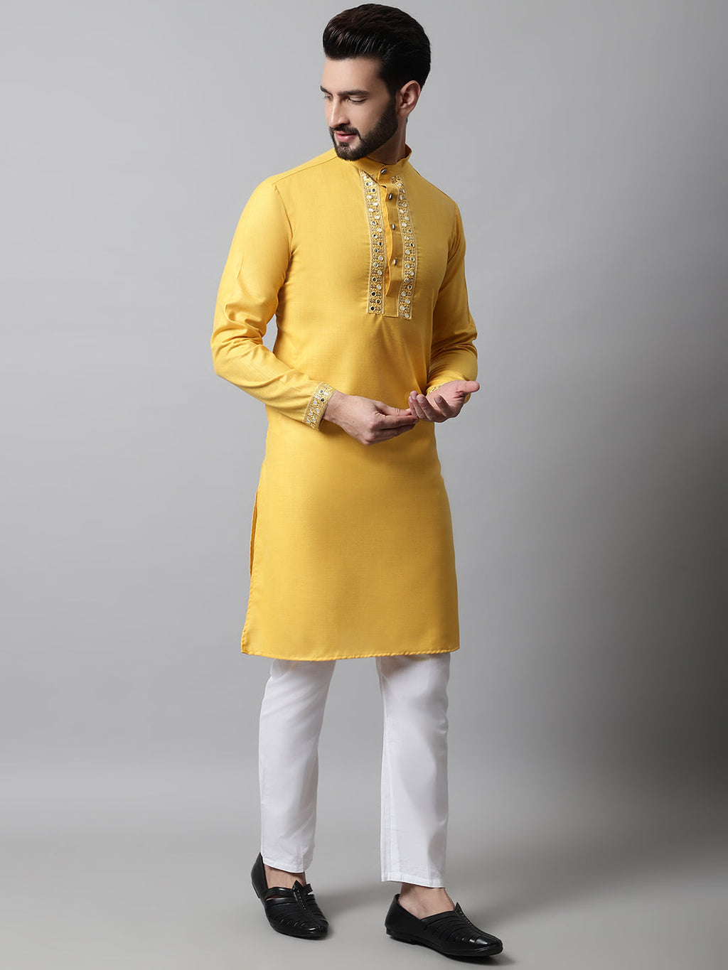 Jompers Men's Yellow Embroidered Mirror Work Kurta with Churidar