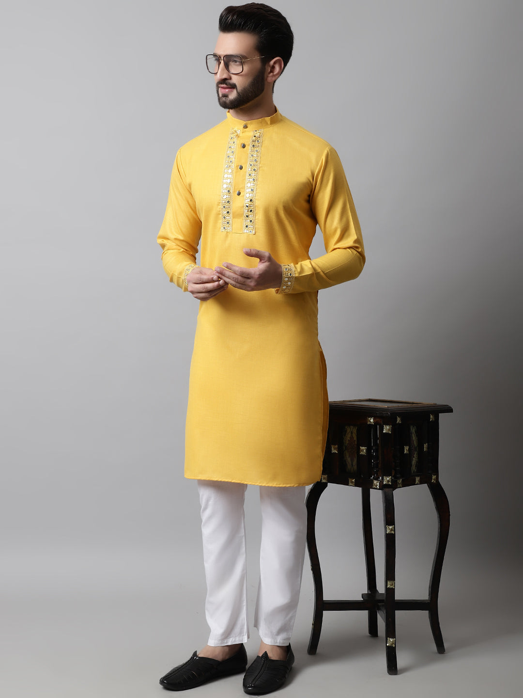 Jompers Men's Yellow Embroidered Mirror Work Kurta with Churidar