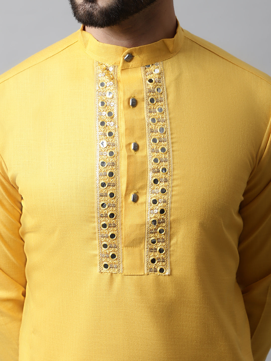 Jompers Men's Yellow Embroidered Mirror Work Kurta with Churidar