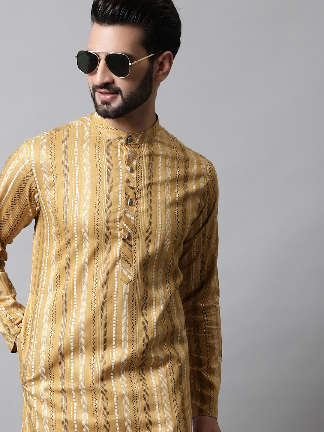 Jompers Men's Beige Foil Printed Kurta with Churidar