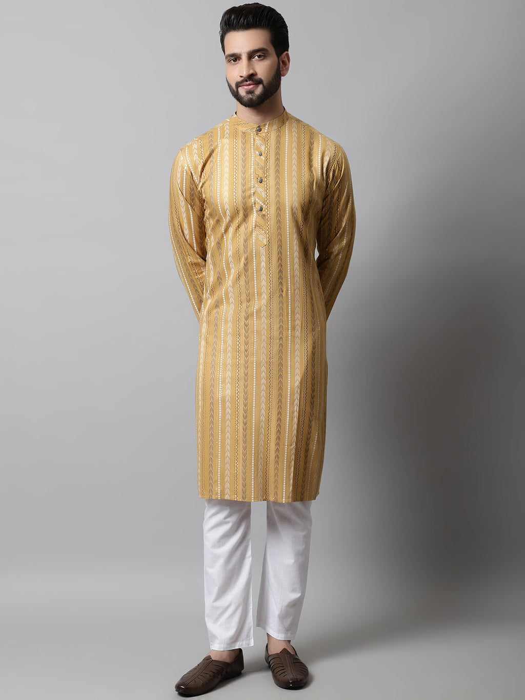 Jompers Men's Beige Foil Printed Kurta with Churidar