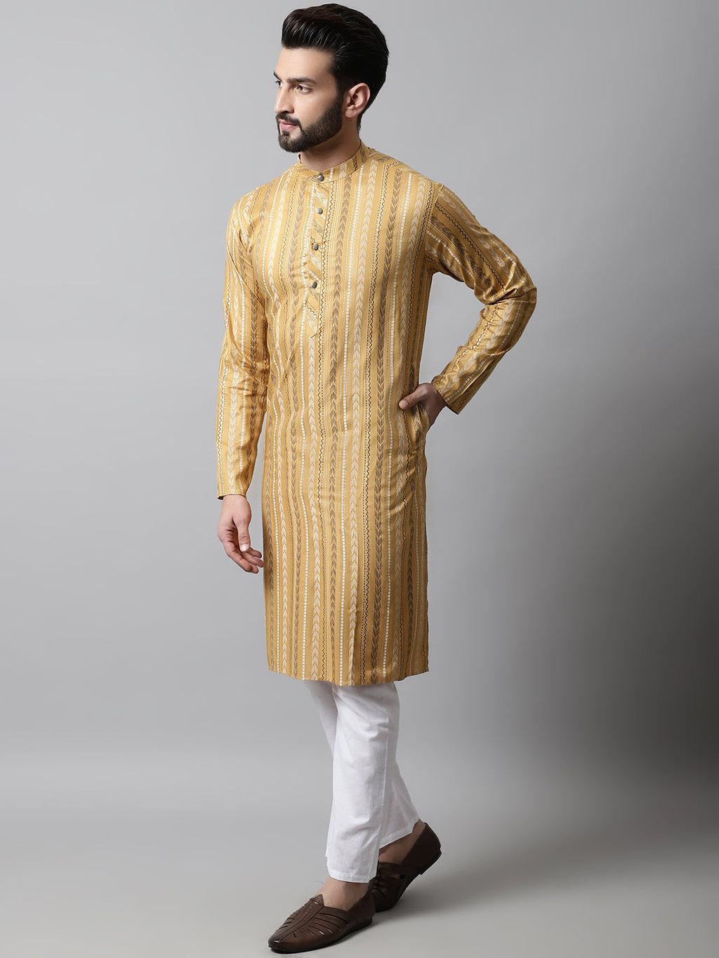 Jompers Men's Beige Foil Printed Kurta with Churidar