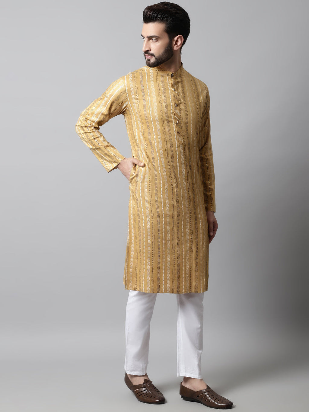 Jompers Men's Beige Foil Printed Kurta with Churidar