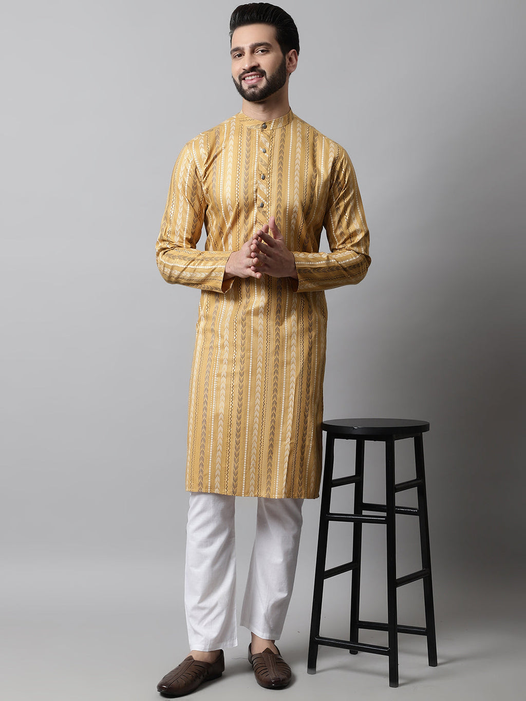 Jompers Men's Beige Foil Printed Kurta with Churidar