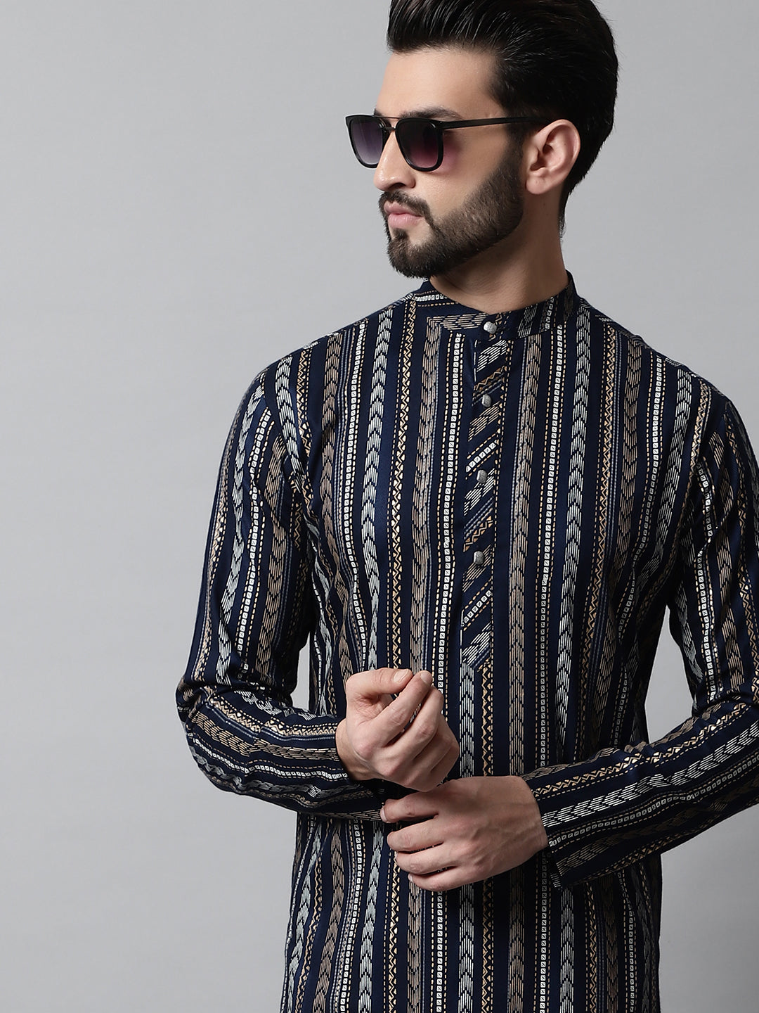 Jompers Men's Navy Blue Foil Printed Kurta with Churidar