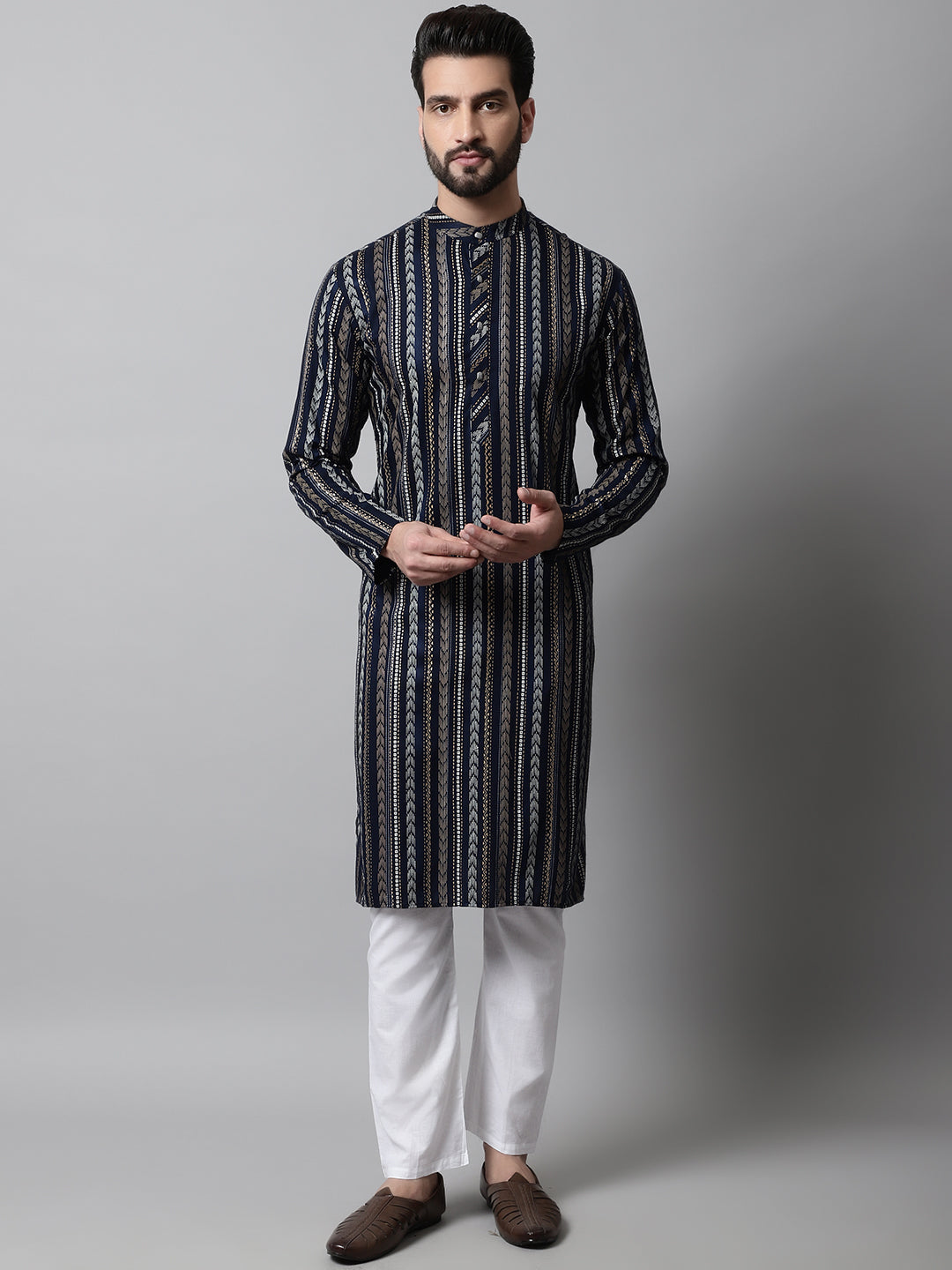 Jompers Men's Navy Blue Foil Printed Kurta with Churidar
