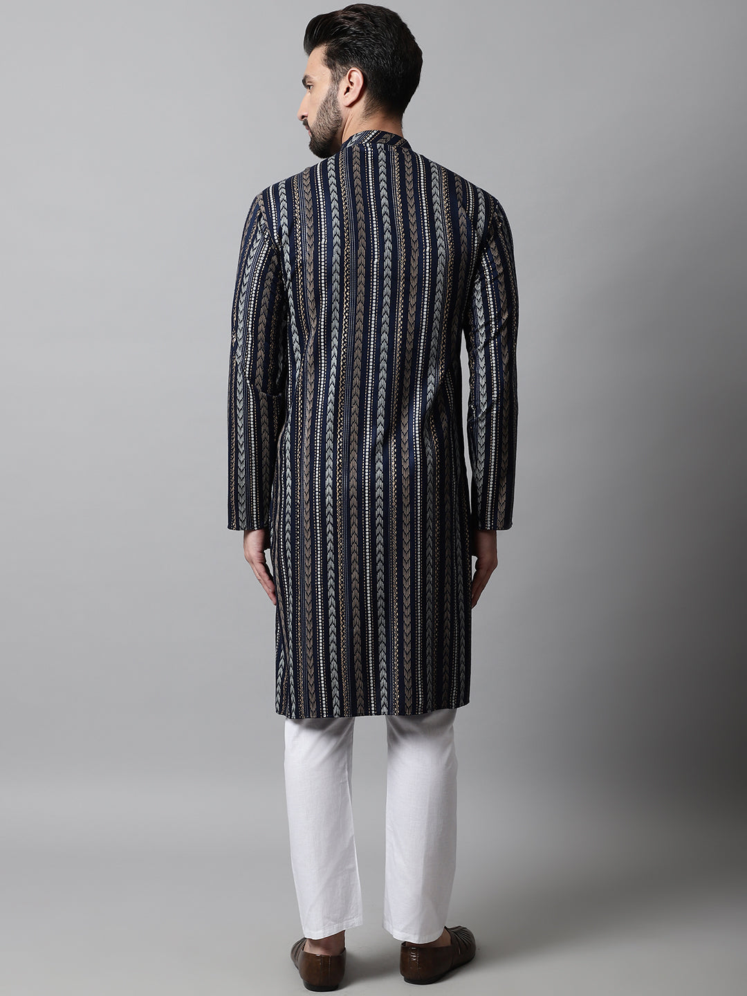 Jompers Men's Navy Blue Foil Printed Kurta with Churidar