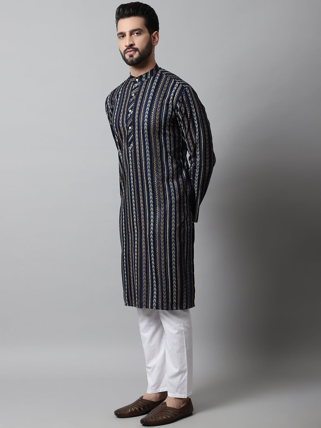 Jompers Men's Navy Blue Foil Printed Kurta with Churidar
